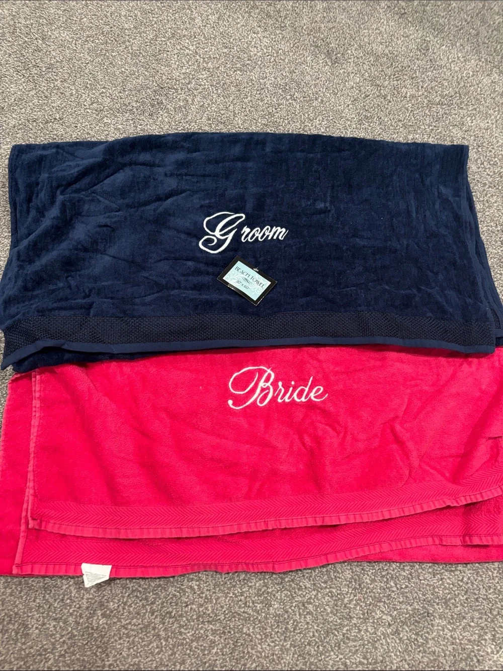 Groom & Bride Embroidered Towels - Navy & Hot Pink